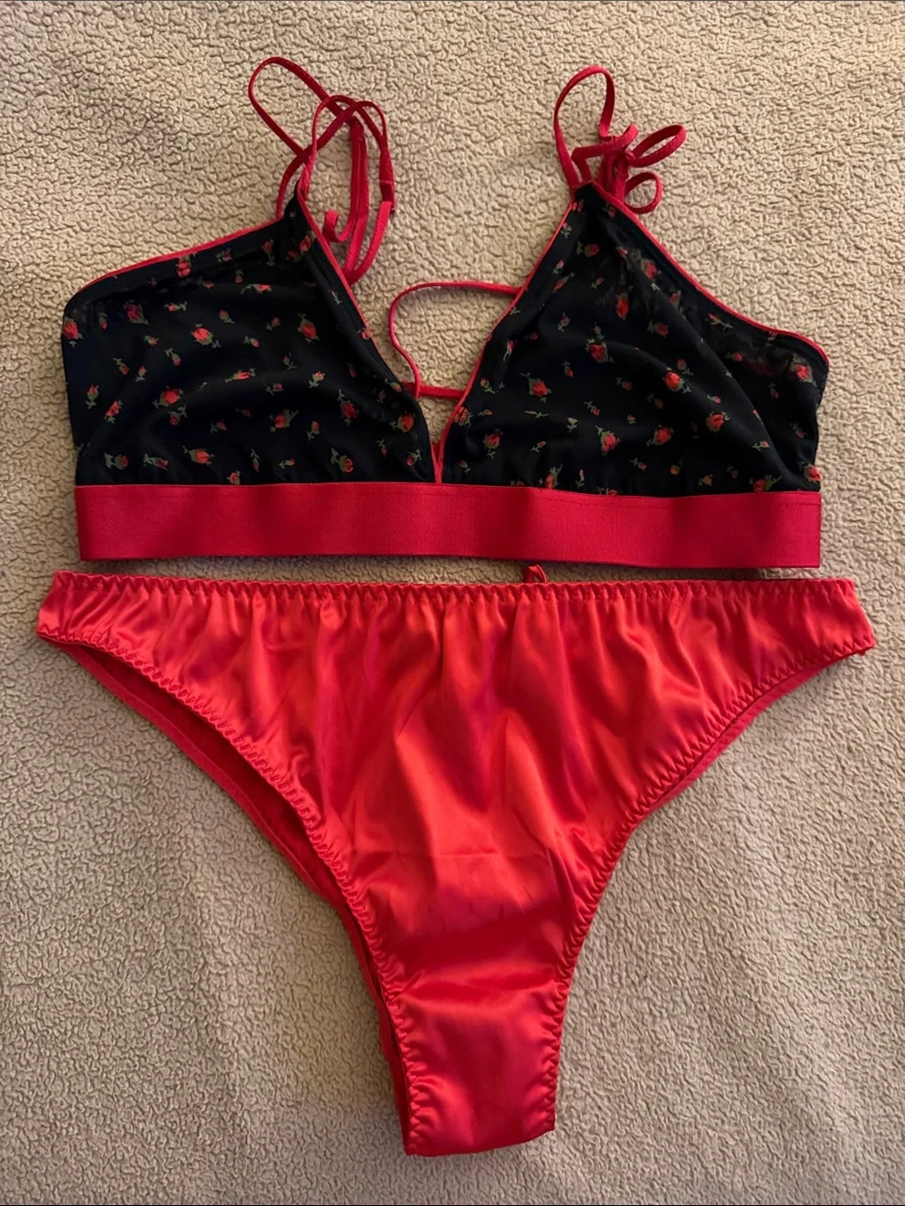 ✨ Parade Rose Print Bralette & Satin Lace-Up Bikini Panty Set